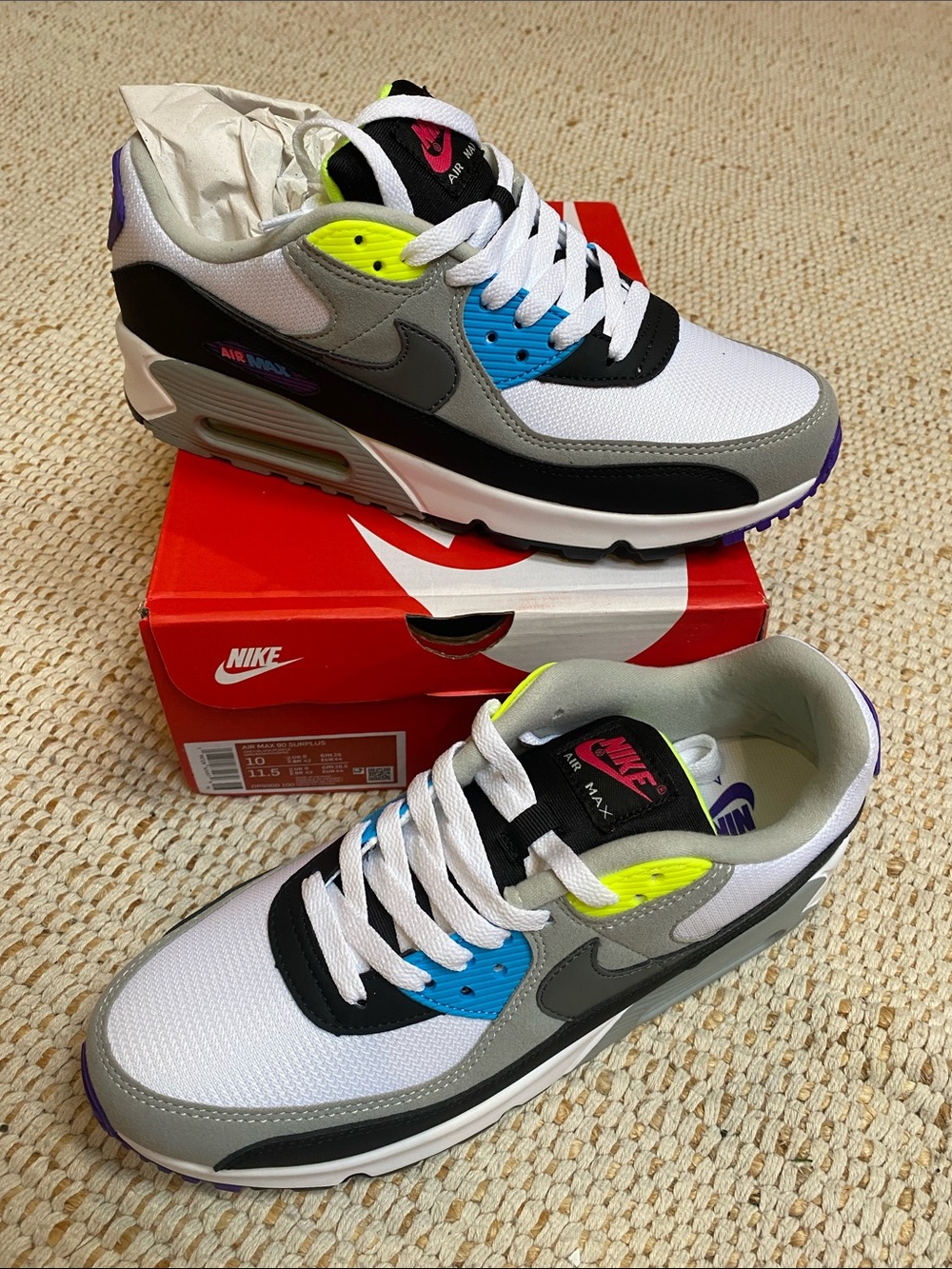Nike Air Max 90 Surplus Men’s White Gray Black with Blue & Neon Yellow Accents